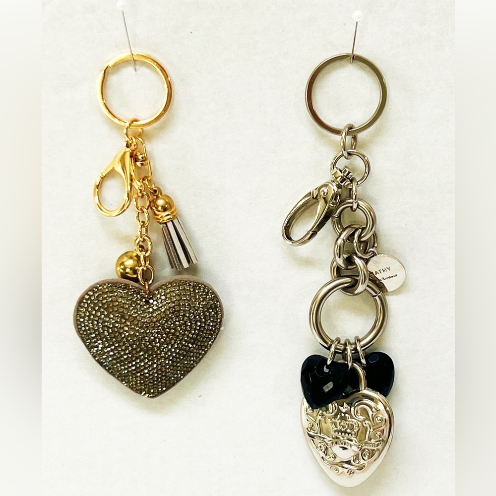 Bundle: 2 Heart Key Fob Purse Charms Gold Silver Rhinestone & Crown Set